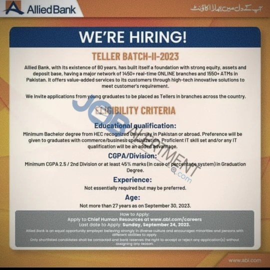 Allied Bank Jobs 2024 Latest Advertisement