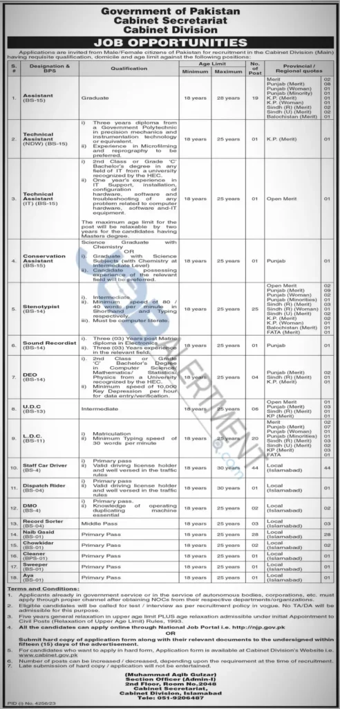  Cabinet Division Jobs 2024 Latest Advertisement 