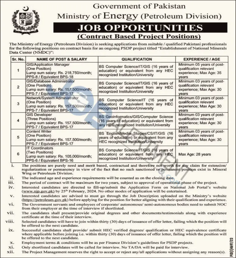 Ministry of Energy Petroleum Division Jobs Advertisement 2024
